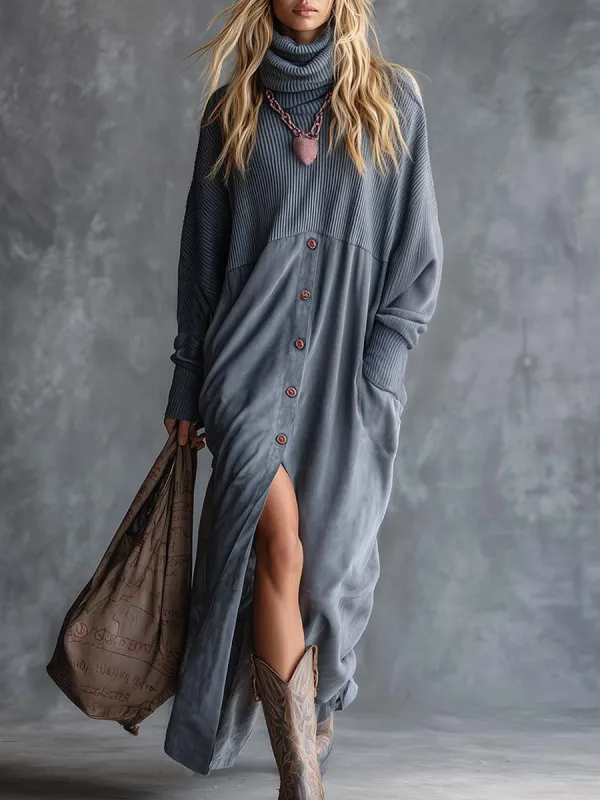 Vintage Casual Western High Neck Front Button Gray Blue Knit And Faux Suede Patchwork Slit Maxi Dress sold by Oyrosy