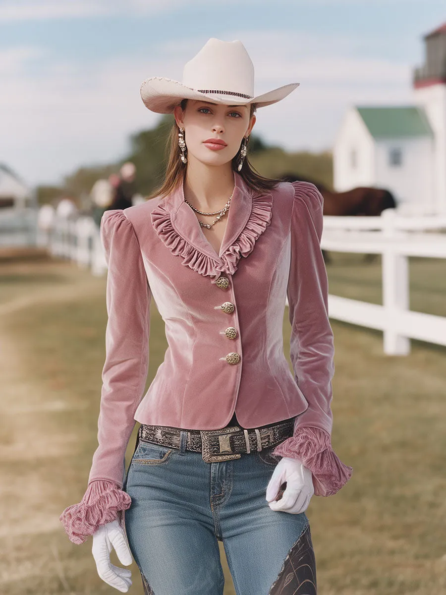 Pink Velvet Collar With Ruffled Buttons And Flared Cuffs Blazer sold by Oyrosy product image thumbnail 2
