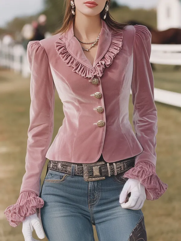 Pink Velvet Collar With Ruffled Buttons And Flared Cuffs Blazer sold by Oyrosy