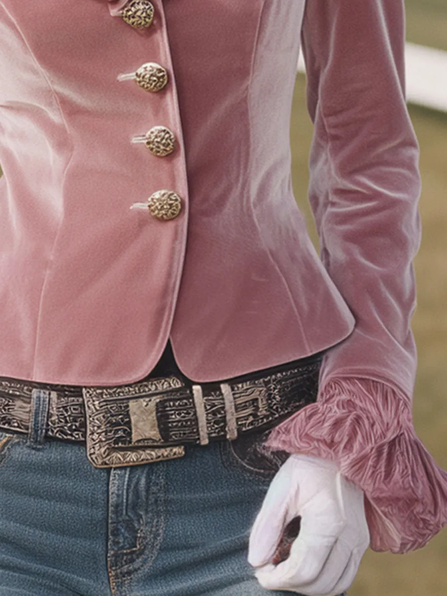 Pink Velvet Collar With Ruffled Buttons And Flared Cuffs Blazer sold by Oyrosy product image thumbnail 3