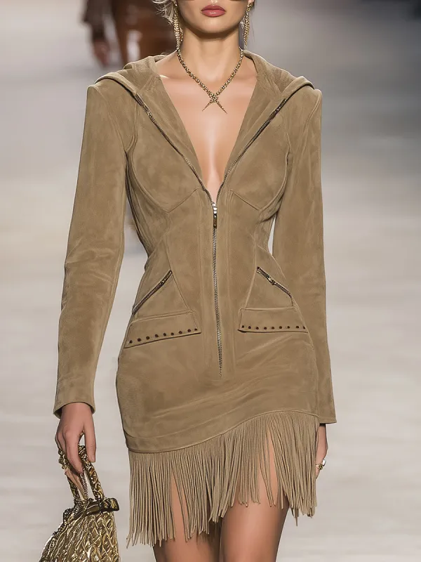 Retro-style Hooded Khaki Faux Suede Tassel Mini Dress sold by Oyrosy