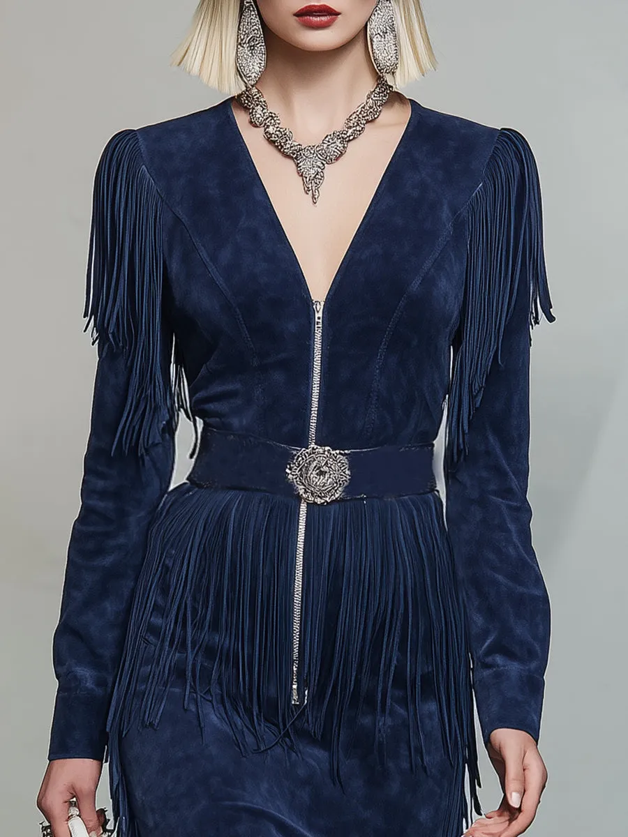 Fashionable Retro Dark Blue V-neck Faux Suede Tassel Midi Dress sold by Oyrosy product image thumbnail 3