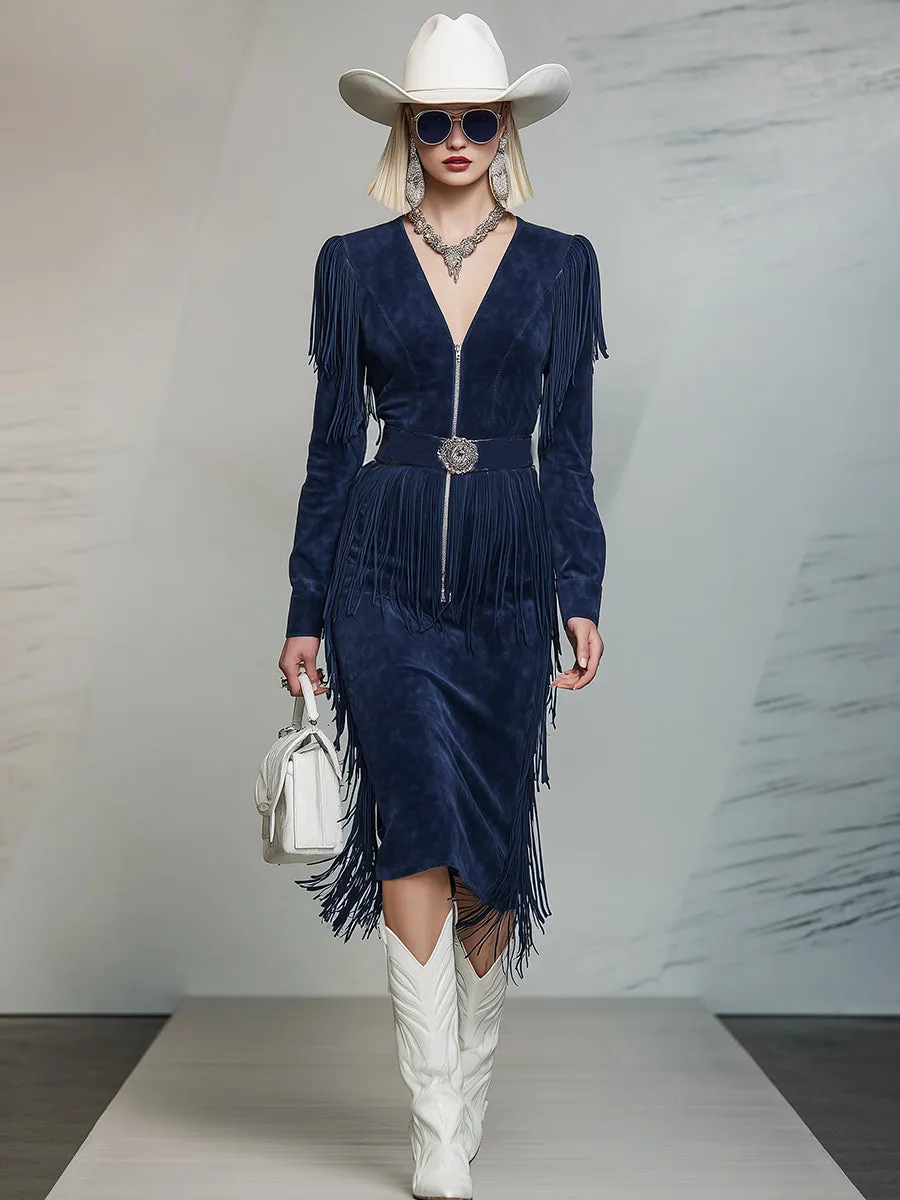 Fashionable Retro Dark Blue V-neck Faux Suede Tassel Midi Dress sold by Oyrosy product image thumbnail 2