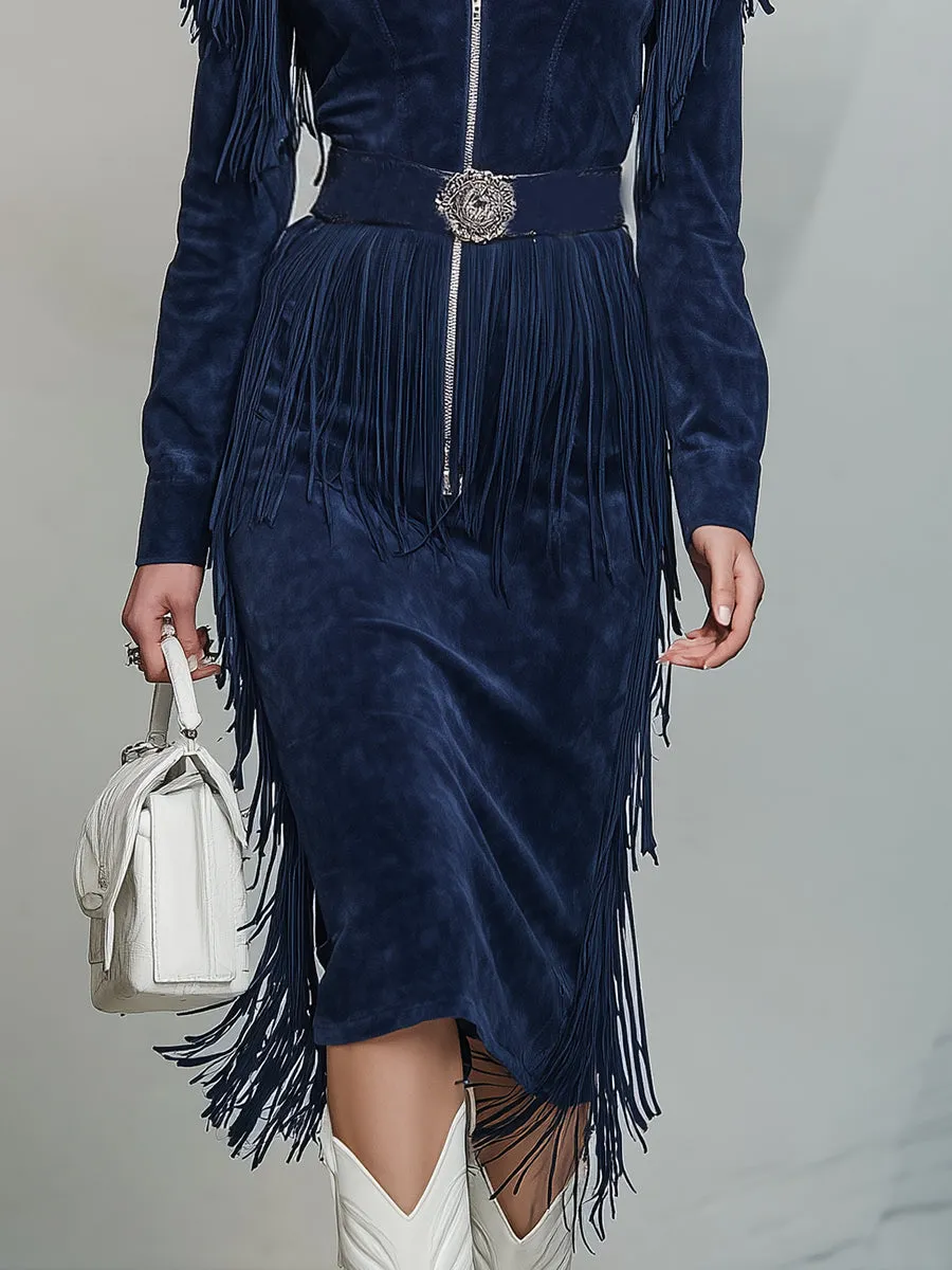 Fashionable Retro Dark Blue V-neck Faux Suede Tassel Midi Dress sold by Oyrosy product image thumbnail 4
