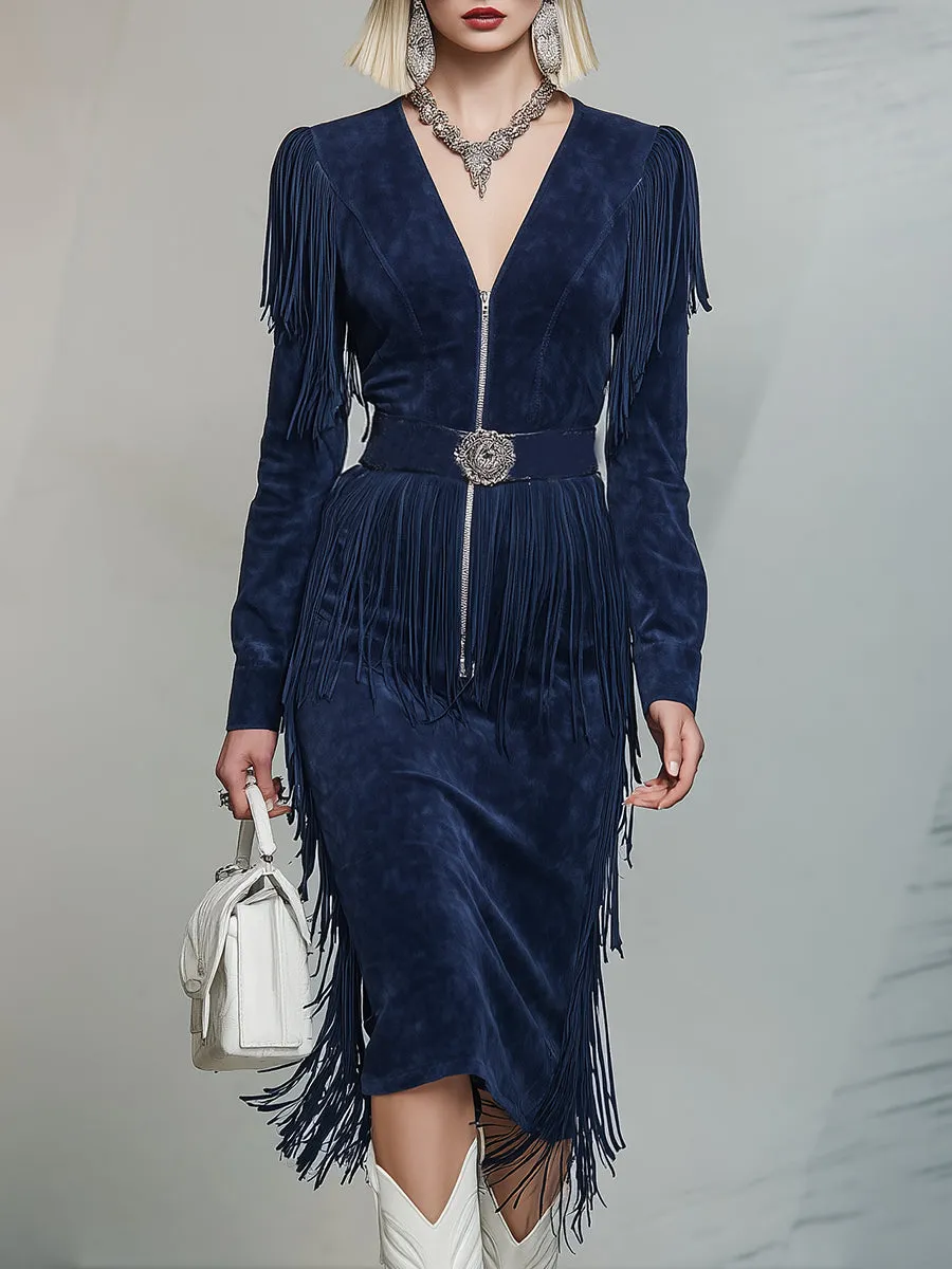 Fashionable Retro Dark Blue V-neck Faux Suede Tassel Midi Dress sold by Oyrosy