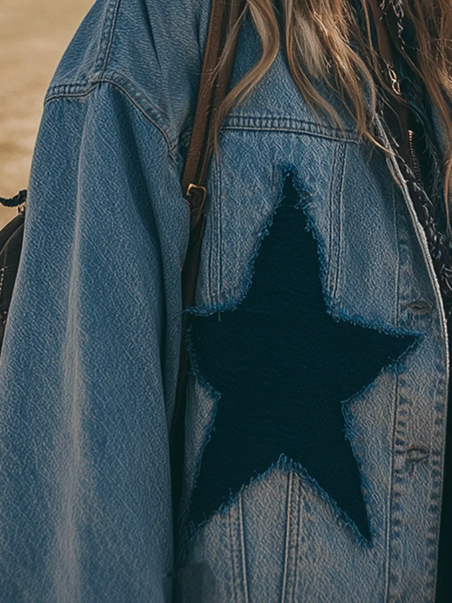 Trendy Western-style Star-patterned Frayed Denim Jacket sold by Oyrosy product image thumbnail 3