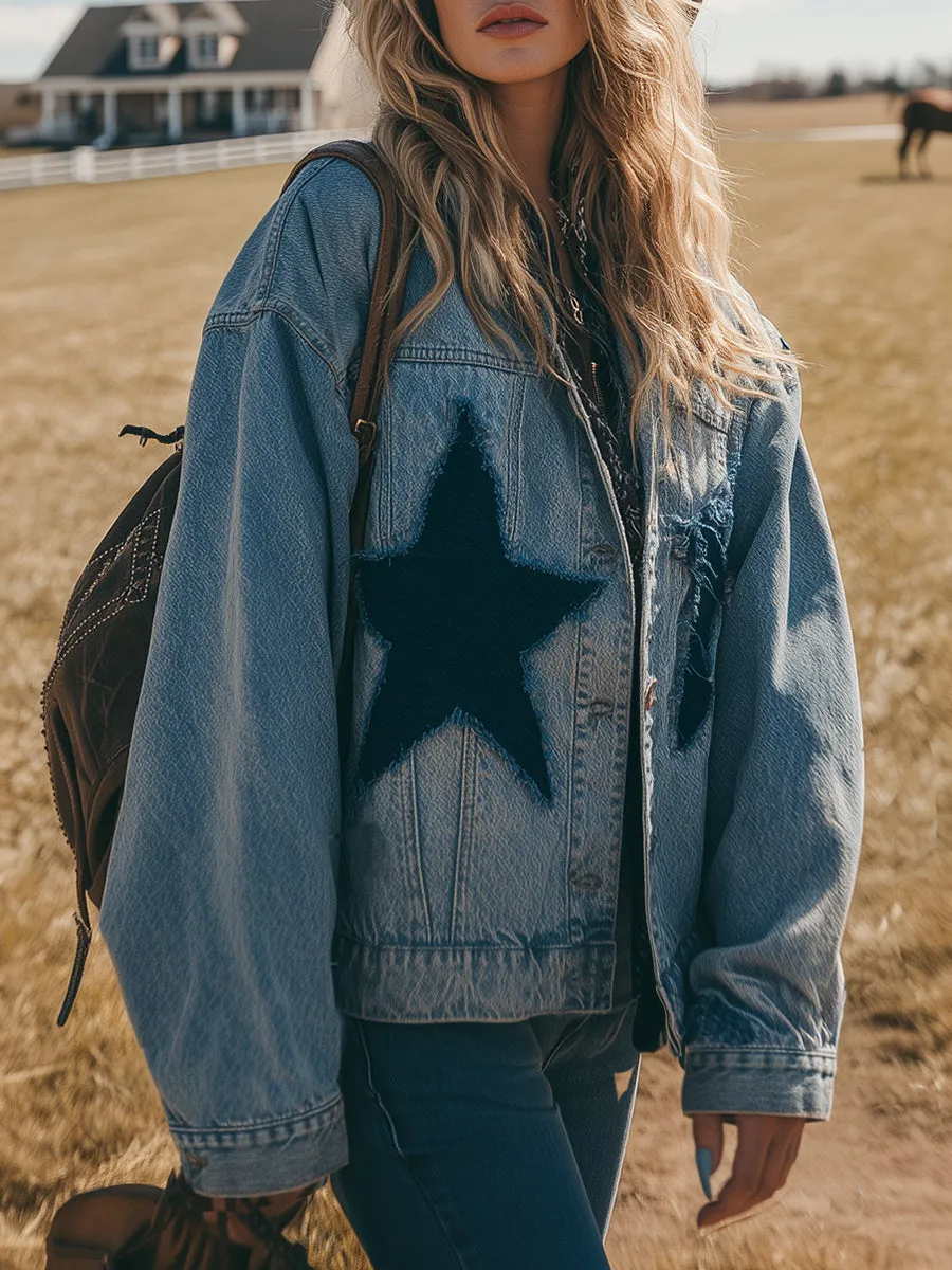Trendy Western-style Star-patterned Frayed Denim Jacket sold by Oyrosy