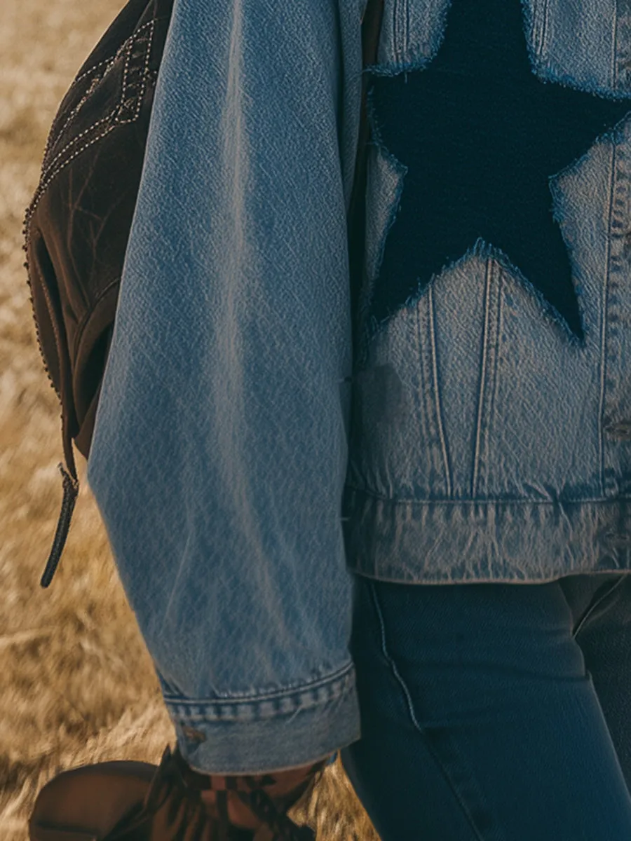 Trendy Western-style Star-patterned Frayed Denim Jacket sold by Oyrosy product image thumbnail 4