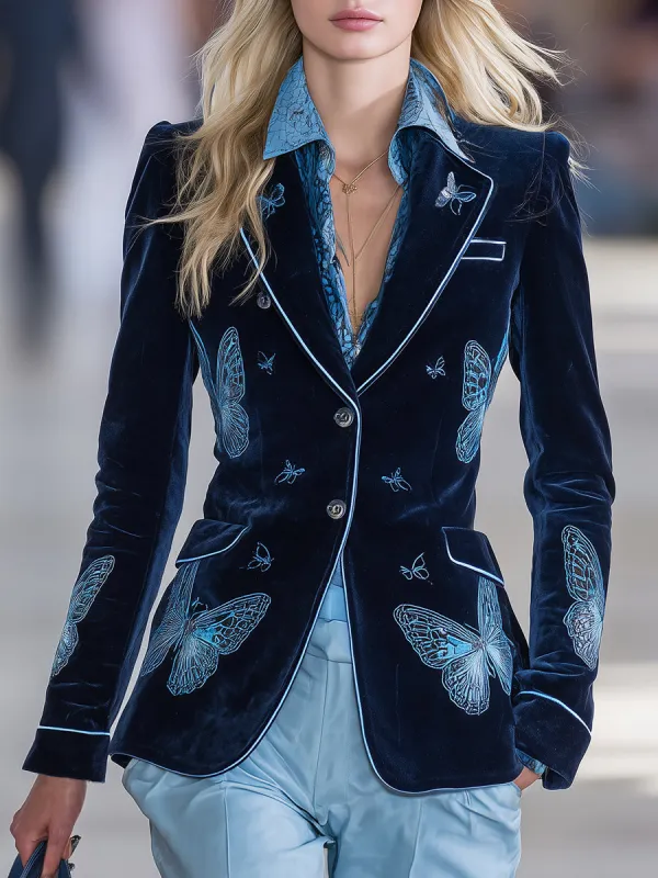High-end Chic Butterfly Print Dark Blue Velvet Blazer sold by Oyrosy