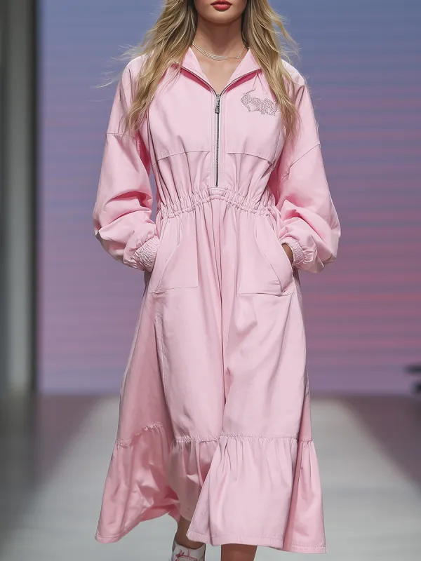 Casual And Fashionable Pink Lapel Maxi Dress sold by Oyrosy