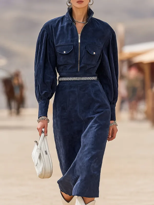 Western Retro Stand-up Collar Zip-up Dark Blue Faux Suede Midi Dress sold by Oyrosy