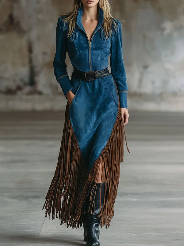 Western Retro Half-Zip Long-Sleeved Dark Blue Faux Suede Tassel Maxi Dress sold by Oyrosy
