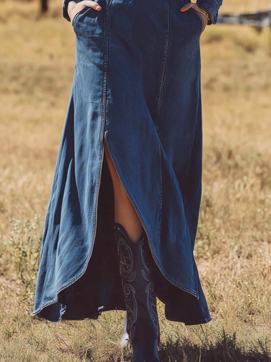 Western Retro Half-zip Multi-pocket Slit Dark Blue Denim Maxi Dress sold by Oyrosy product image thumbnail 4