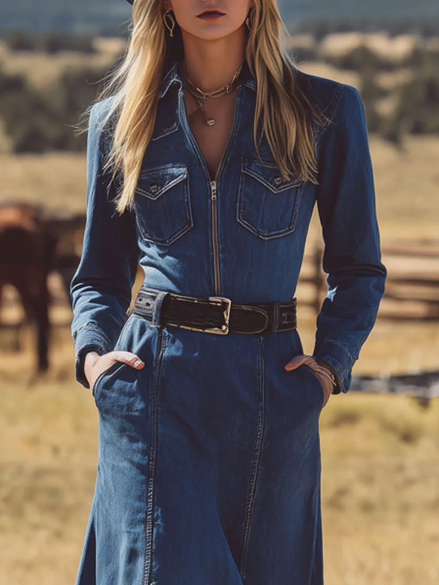 Western Retro Half-zip Multi-pocket Slit Dark Blue Denim Maxi Dress sold by Oyrosy product image thumbnail 3