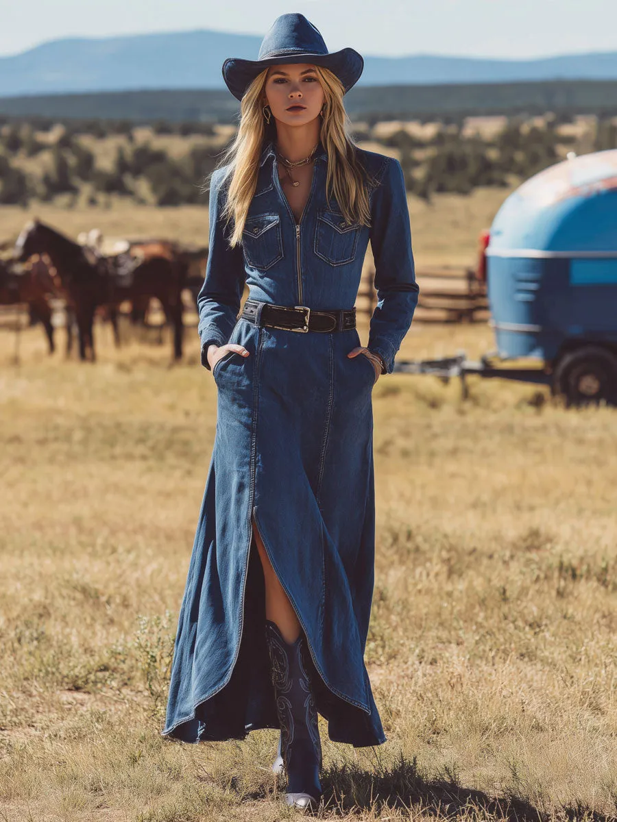 Western Retro Half-zip Multi-pocket Slit Dark Blue Denim Maxi Dress sold by Oyrosy product image thumbnail 2