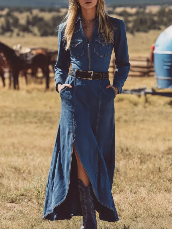 Western Retro Half-zip Multi-pocket Slit Dark Blue Denim Maxi Dress sold by Oyrosy