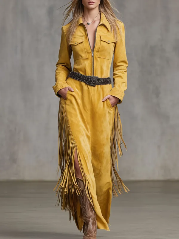 Western Retro Half-zip Multi-pocket Yellow Faux Suede Tassel Maxi Dress sold by Oyrosy