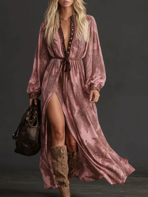 Fashionable Retro Elastic Waist Paisley Pink Chiffon Long-sleeved Slit Maxi Dress sold by Oyrosy