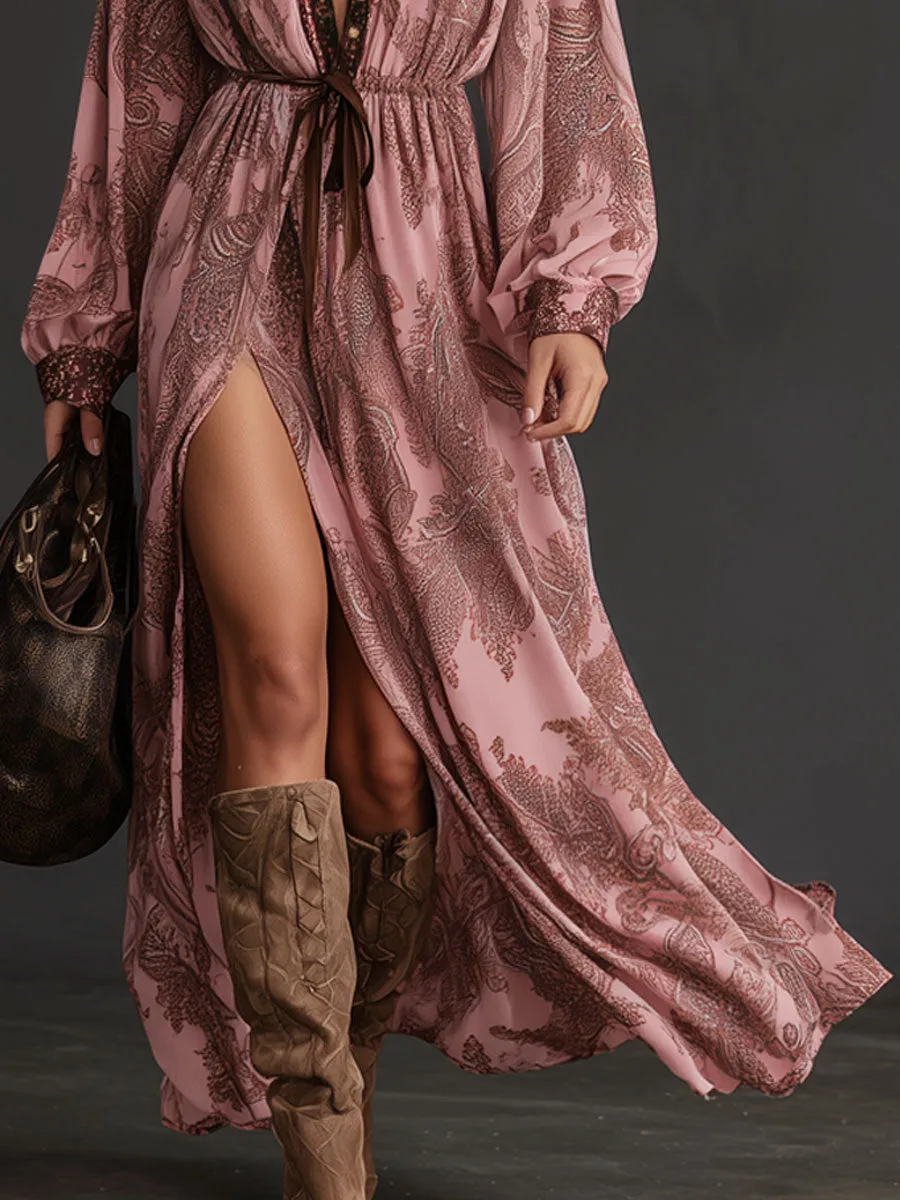 Fashionable Retro Elastic Waist Paisley Pink Chiffon Long-sleeved Slit Maxi Dress sold by Oyrosy product image thumbnail 4