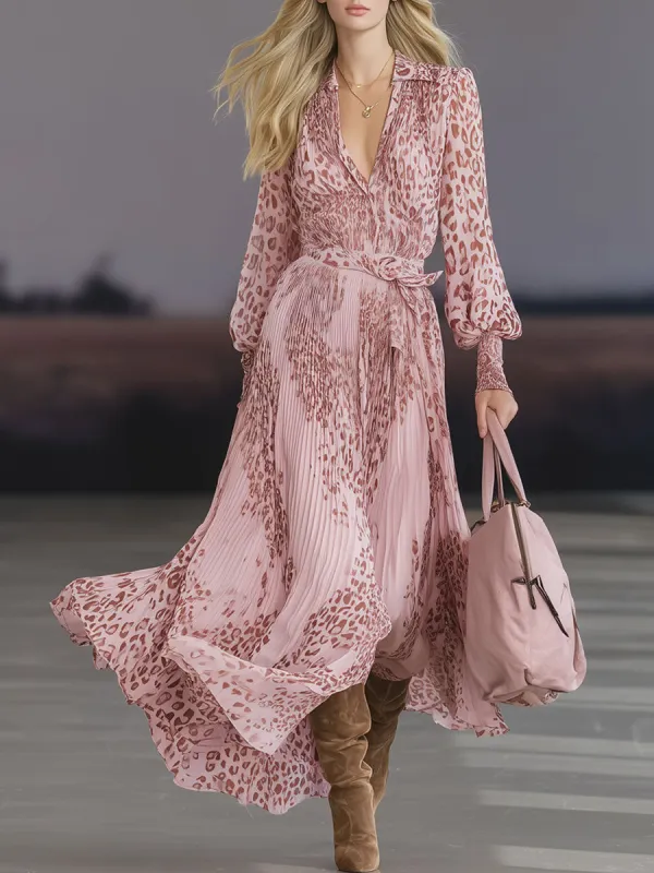 Fashionable Retro Paisley Pink Chiffon Pleated Long-sleeved Maxi Dress sold by Oyrosy