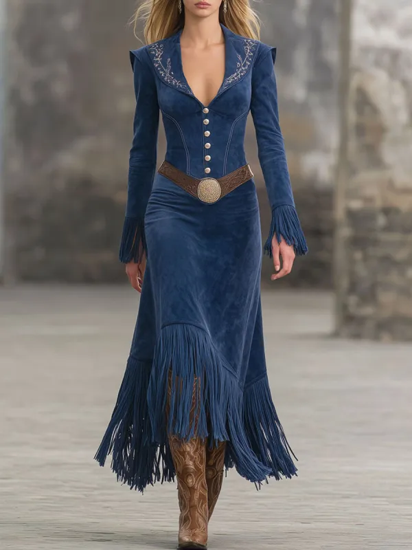 Western-style Retro Embroidered Dark Blue Faux Suede Tassel Maxi Dress sold by Oyrosy