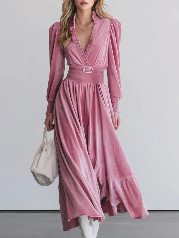 Fashionable Retro Pink Velvet Ruffled Long-sleeved Maxi Dress sold by Oyrosy