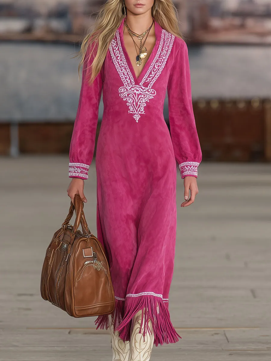 Western-style Retro Ethnic Embroidered Rose Red Faux Suede Tassel Midi Dress sold by Oyrosy