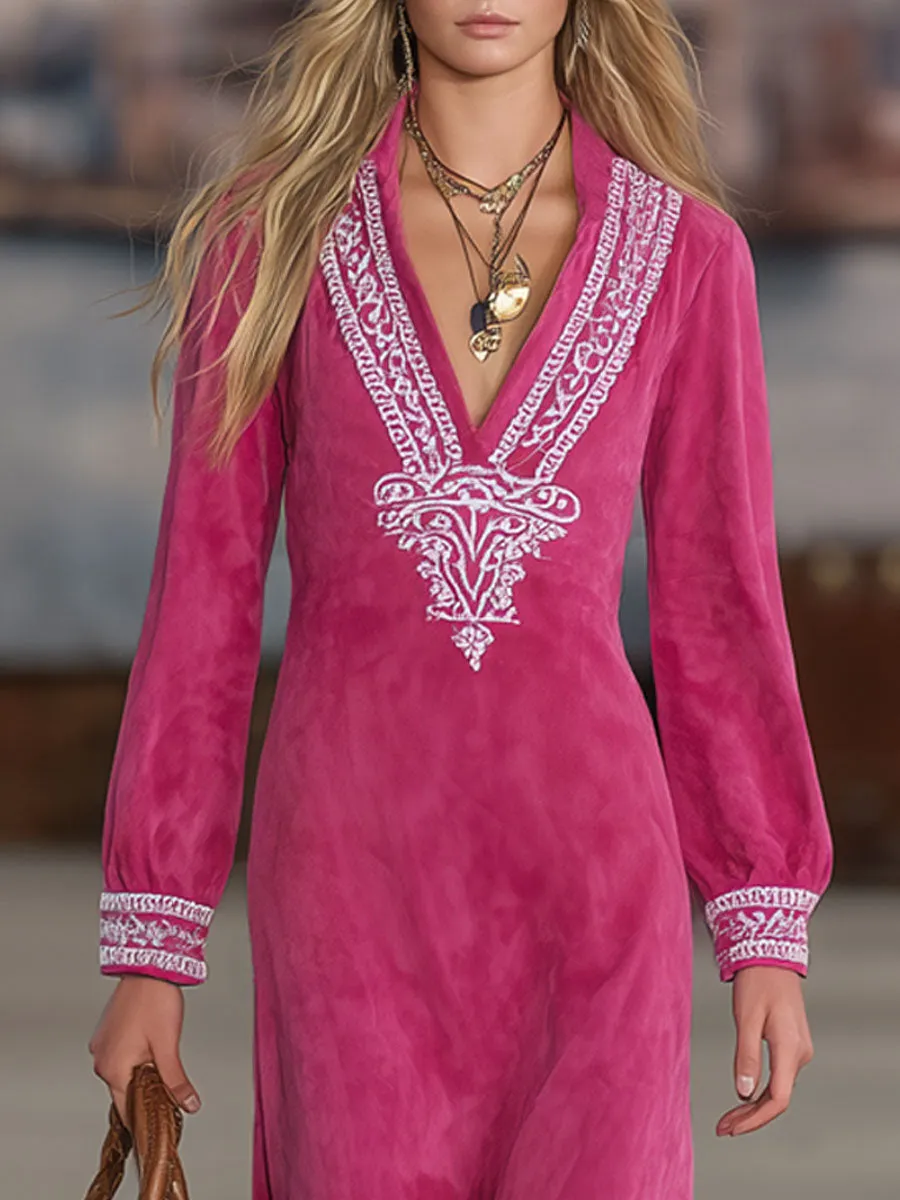 Western-style Retro Ethnic Embroidered Rose Red Faux Suede Tassel Midi Dress sold by Oyrosy product image thumbnail 4