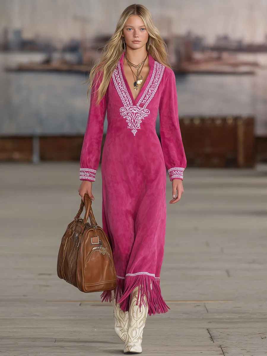 Western-style Retro Ethnic Embroidered Rose Red Faux Suede Tassel Midi Dress sold by Oyrosy product image thumbnail 2