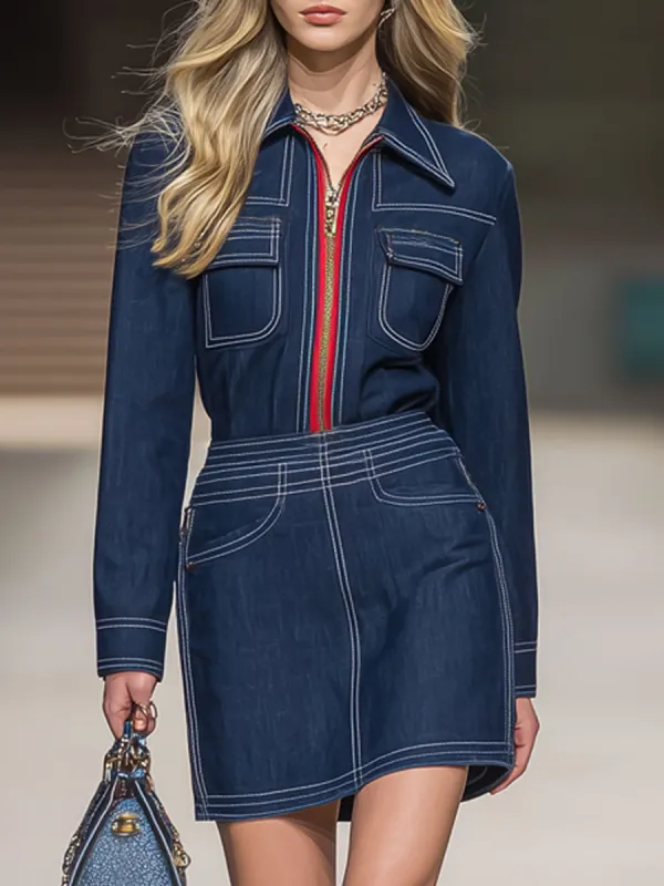 Casual Retro Red Half-zip Multi-pocket Dark Blue Denim Mini Dress sold by Oyrosy