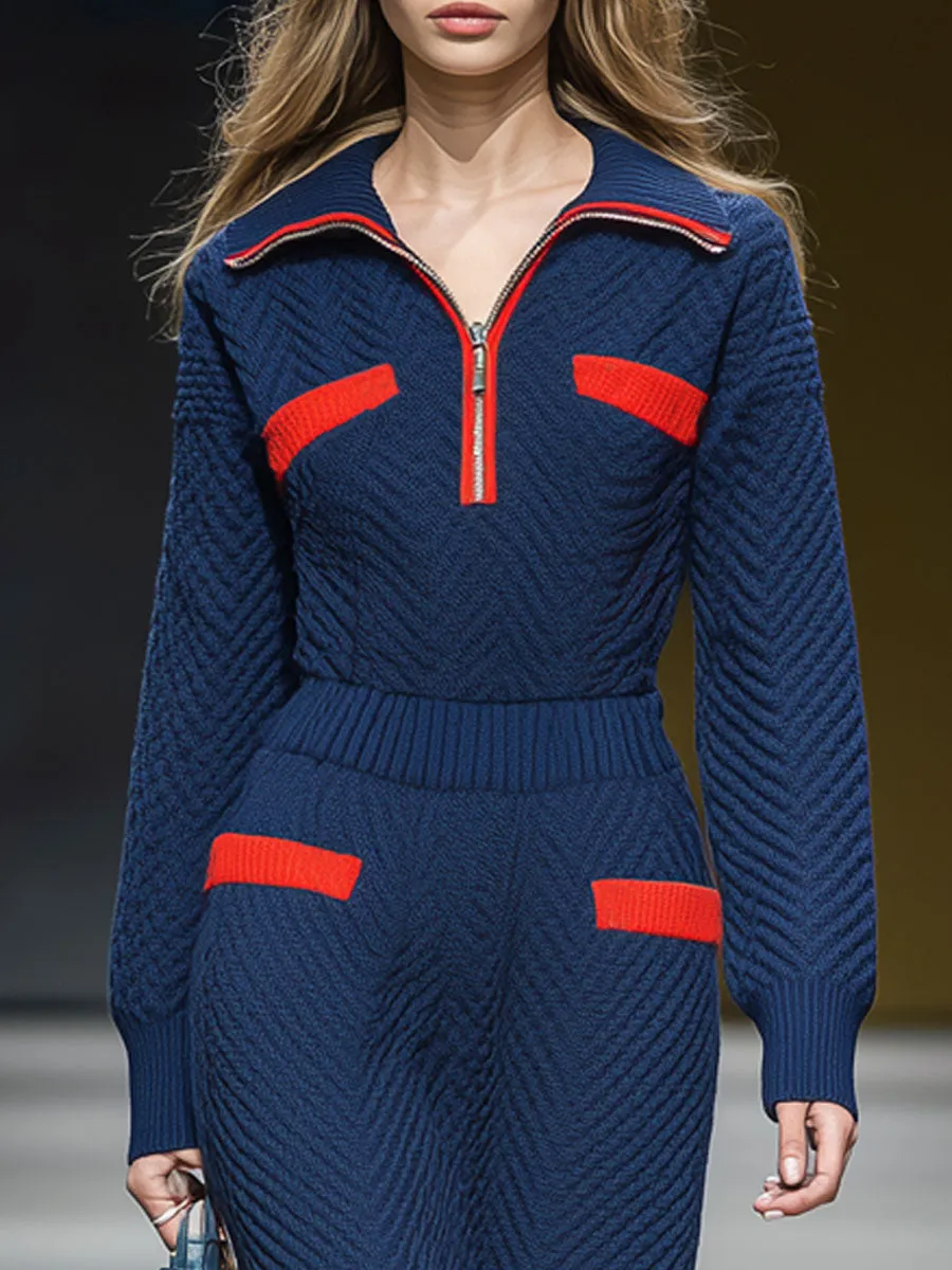 Stylish, Elegant, Retro Color-blocked Half-zip Navy Blue Knit Long-sleeved Midi Dress sold by Oyrosy product image thumbnail 3