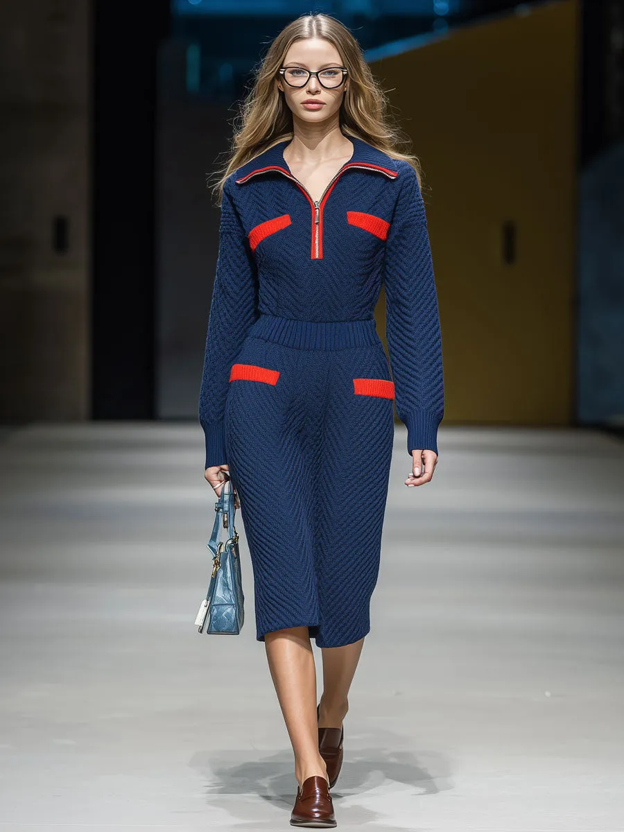 Stylish, Elegant, Retro Color-blocked Half-zip Navy Blue Knit Long-sleeved Midi Dress sold by Oyrosy product image thumbnail 2