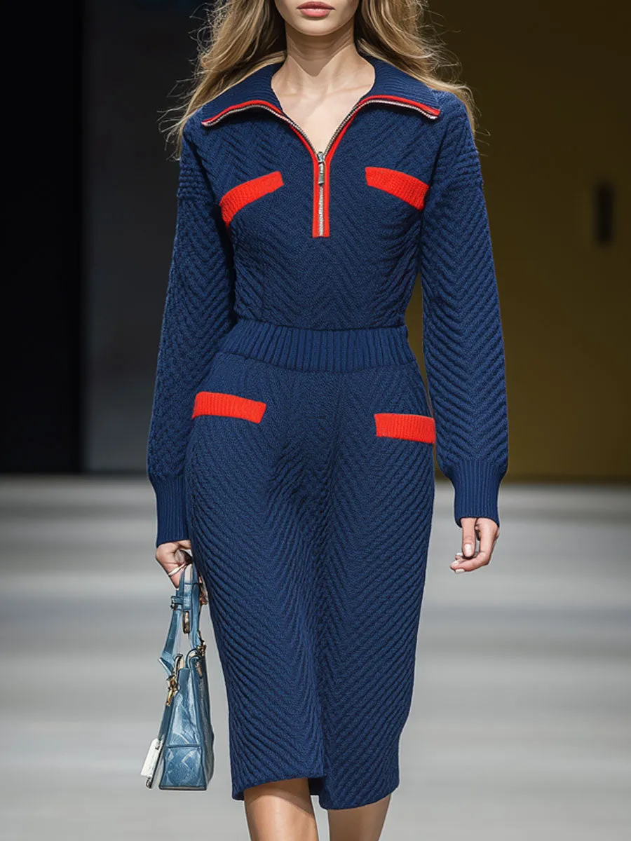 Stylish, Elegant, Retro Color-blocked Half-zip Navy Blue Knit Long-sleeved Midi Dress sold by Oyrosy