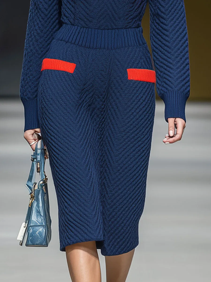 Stylish, Elegant, Retro Color-blocked Half-zip Navy Blue Knit Long-sleeved Midi Dress sold by Oyrosy product image thumbnail 4