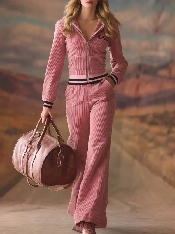 Elegant Retro Sporty Pink Corduroy Hoodie And Pants Set sold by Oyrosy