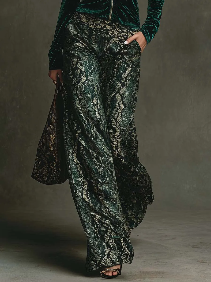 Elegant Retro Sporty Dark Green Velvet Hoodie And Snake Print Wide-Leg Pants Set sold by Oyrosy product image thumbnail 4