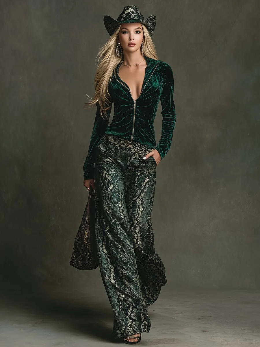 Elegant Retro Sporty Dark Green Velvet Hoodie And Snake Print Wide-Leg Pants Set sold by Oyrosy product image thumbnail 2