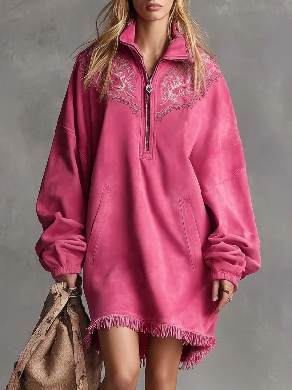 Vintage Western Embroidered Lapel Front Zipper Tassel Hem Pink Faux Suede Mini Dress sold by Oyrosy