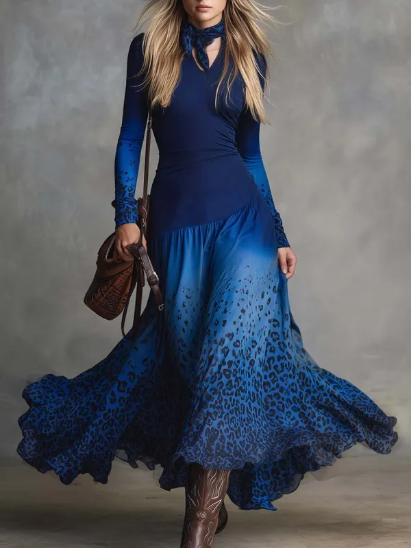 Elegant Vintage Flowy Royal Blue V-neck Long-sleeved Gradient Leopard Print Hem Maxi Dress sold by Oyrosy