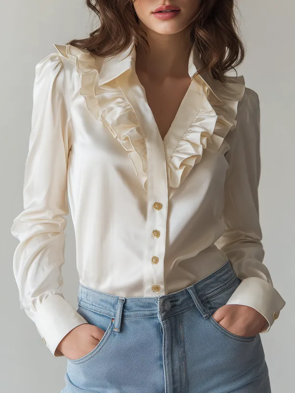 Elegant Retro Ruffled Long-sleeved Shirt sold by Oyrosy