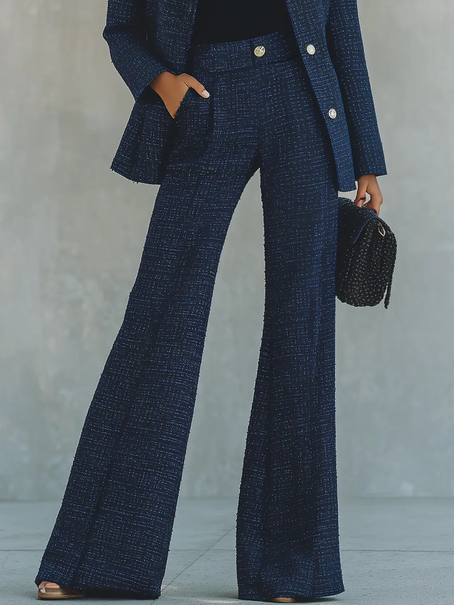 Elegant Retro Round Neck Tweed Jacket And Flared Trousers Suit sold by Oyrosy product image thumbnail 4