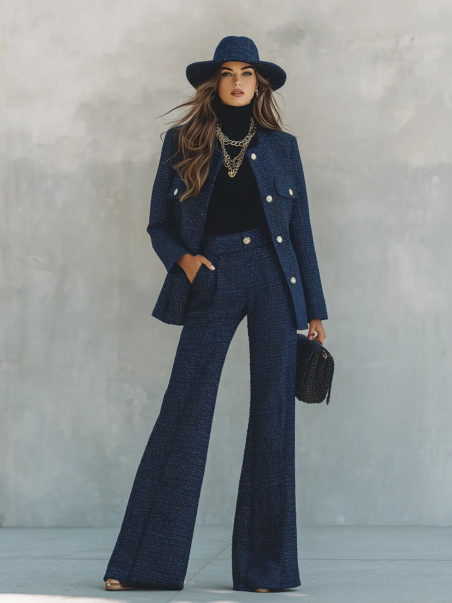 Elegant Retro Round Neck Tweed Jacket And Flared Trousers Suit sold by Oyrosy product image thumbnail 2