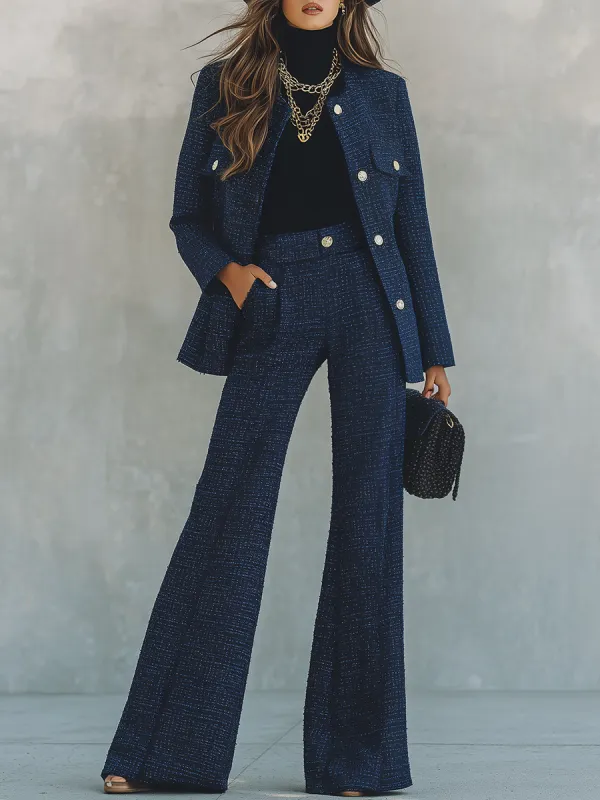 Elegant Retro Round Neck Tweed Jacket And Flared Trousers Suit sold by Oyrosy