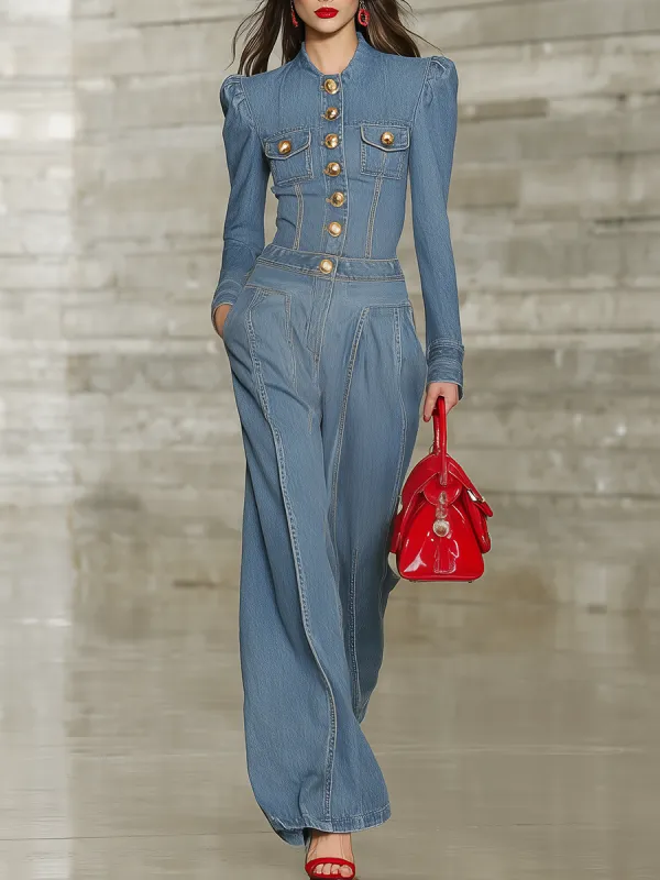 Retro Washed Crew Neck Denim Shirt And Wide-leg Pants Set sold by Oyrosy