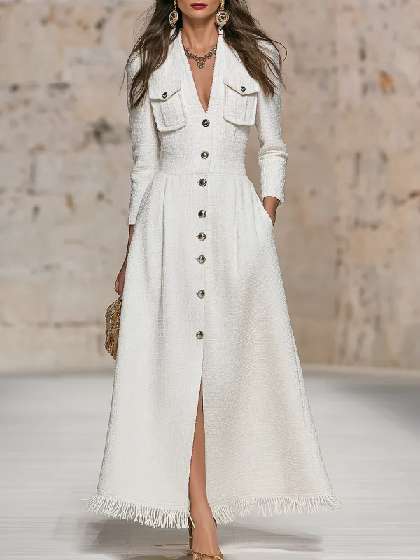 Elegant V-neck Tweed Multiple Pockets Maxi Dress sold by Oyrosy