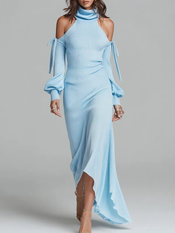 Retro-chic High-neck Off-shoulder Lantern Sleeve Knit Maxi Dress sold by Oyrosy