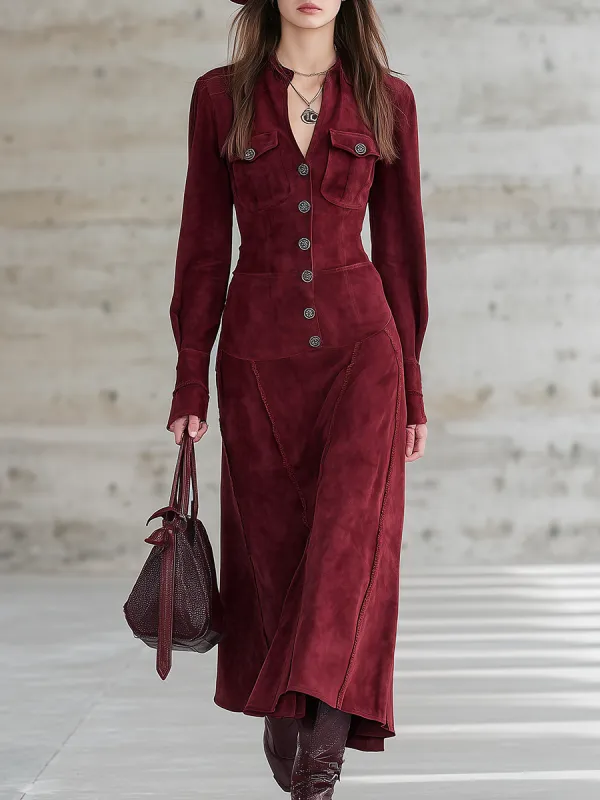 Retro V-neck Faux Suede Maxi Dress sold by Oyrosy