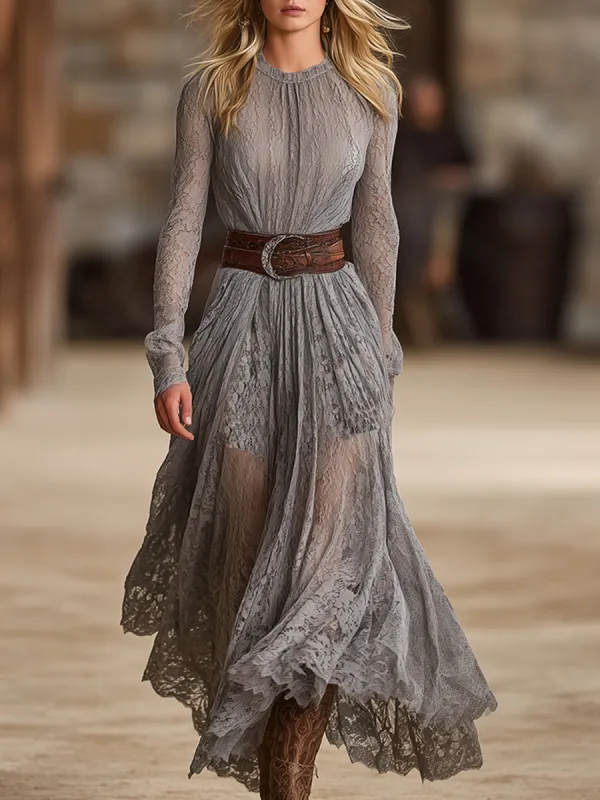 Elegant Retro Round Neck Grey Lace Belt Maxi Dress sold by Oyrosy
