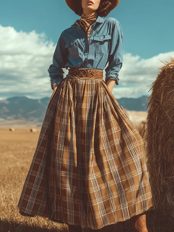 Classic Western Blue Cowboy Color Block Plaid Maxi Dress sold by Oyrosy
