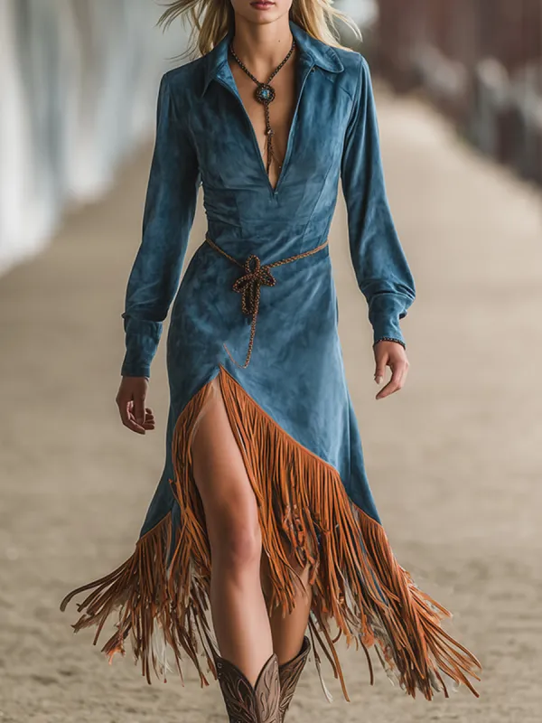 Trendy Retro Western Blue Faux Suede Color-blocked Fringed Hem Maxi Dress sold by Oyrosy